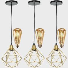3 Pendentes Aramado Diamante Luminária Lustre Retrô Balcão Dourado + 3 Lâmpada Led ST64 Vintage Teto
