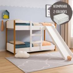 Beliche Infantil com Grades Escorregador Escada + 2 Colchões - Anyben,