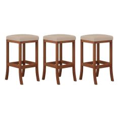 Kit 3 Banquetas Média Estofada Barcelona 38x64Cm Bancada Madeira Maciça Castanho Suede Bege - CCS
