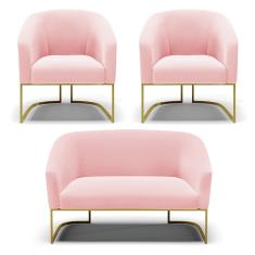 Namoradeira e 2 Poltronas Industrial Dourado Stella Suede Rosa Bebê D03 - D'Rossi