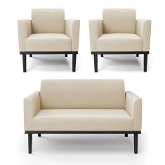 Sofá Namoradeira com 2 Poltronas Base de Madeira Fixa Preto Marisa Suede  D03 - D'Rossi