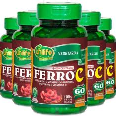 Kit 5 Ferro Com Vitamina C Unilife 60 Cápsulas