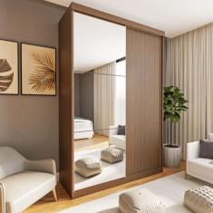 Guarda Roupa Solteiro Premium Cléo 138cm com Espelho 2 Portas 2 Gaveta