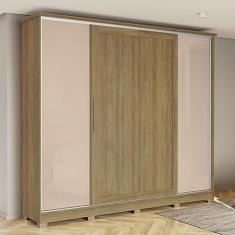 Guarda Roupa com Espelho e Pés 4 Portas Correr 4 Gavetas Kappesberg Nogueira/macadamia