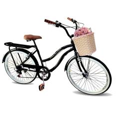 Bicicleta aro 26 modelo retrô cesta tpo vime 6 marchas preto