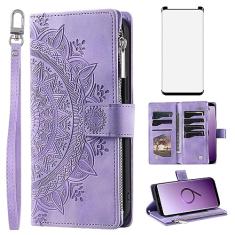 Asuwish Capa de telefone para Samsung Galaxy S9 capa carteira com protetor de tela de vidro temperado e alça de pulso Mandala flor couro flip zíper suporte para cartão celular S 9 Edge 9S GS9 mulheres