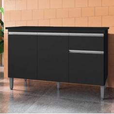 Balcão De Cozinha 3 portas 1 Gaveta Tatiane 120mt Com Tampo MDP Preto 
