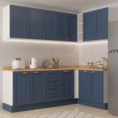 Cozinha Modulada 6 Peças 3 Armários Aéreos e Nichos, 3 Balcões Cabecasa Madeiramadeira Azul/Branco