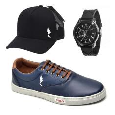 Kit Tênis Polo Blu Casual + Relógio + Boné Masculino-Masculino