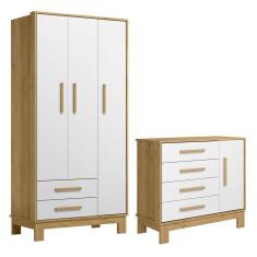 Quarto de Bebê com Roupeiro 4340 e Cômoda 4355 Qencanto Slim Qmovi Freijó Branco Acetinado