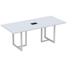Mesa De Reunião Com Caixa De Tomada Retangular 200X90 Cm Pé Tubular Pe25 Em Mdp Cinza Com Base Cinza
