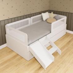 Bicama Solteiro Mdf Branco com Escadinha/Escorrega 03 Grades e Cabecei