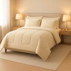 Jogo de Cama Casal Com Edredom Lençol Fronha Função Cobre Leito e Cobertor (Bege)