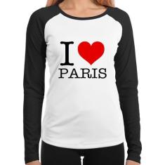 Baby Look Raglan I love Paris Manga Longa - Foca na Moda, Branco, Pret