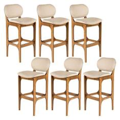 Kit 6 Banquetas Alta em Madeira Decor Estofada Linho Bege M58 RMI - Ri