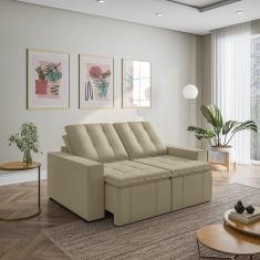 Sofá Cama Retrátil e Reclinável 3 Lugares 180cm em Veludo com Molas e Braço Reto Palmeira Cabecasa M Bege