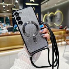 Capa crossbody com glitter para samsung galaxy s24 s23 s21 fe s22 ultra plus magnética capa revestida de tpu macio, preta, para samsung s23ultra