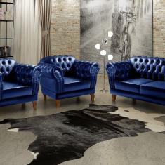 Conjunto Sofá Chesterfield 2 Lugares 2 Poltronas Dom Pedro Azul