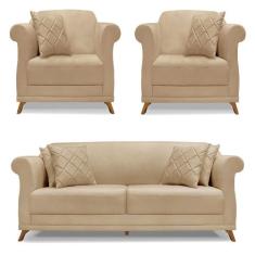 Kit 2 Poltronas e Sofá Living 2 Lugares 1,60m Vênus Linho Pés Castanho