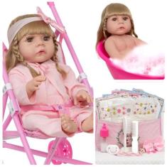Boneca Reborn Loira Linda Com Pijama Rosa Carrinho 21 Itens - Cegonha 