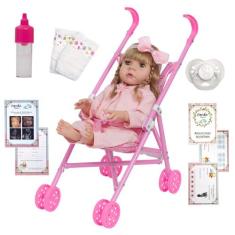Bebe Reborn Menina Linda Com Carrinho Vários Acessórios - Cegonha Rebo