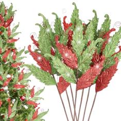HyDren 10 peças de 68,5 cm de folhas de glitter de Natal grandes ornamentos para palitos de árvore de Natal, sprays, galhos, ramos, florais, para decoração de guirlanda de árvore de Natal, decoração
