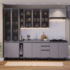 Cozinha Completa 7 Peças Com Cristaleira De Vidro Diva Espresso Móveis Cinza
