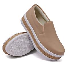 Tenis Slip On Feminino Liso com Elastico e Sola Alta Detalhe Listras