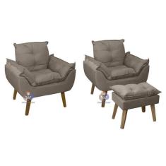 Kit 02 Poltrona/Cadeira Decorativa E Puff Glamour Com Pés Quadrado - S