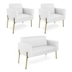 Sofá Namoradeira e 2 Poltronas Pé de Ferro Dourado Marisa Corino Branco D03 - D`Rossi