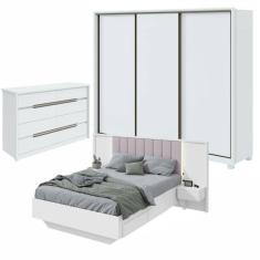 Quarto com Guarda-Roupa 3 Portas 6 Gavetas,  Cômoda Urban 8 Gavetas e Cama Solaris Branco