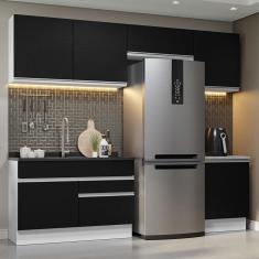 Cozinha Completa Glamy 05 8 Portas 3 Gavetas MDF 260cm Branco Preto com Puxadores em Alumínio