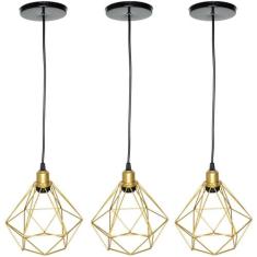 3 Pendentes Aramado Diamante Cabo 2 Mt Luminária Lustre Luxo Industria