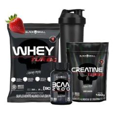 Combo Whey Protein Turbo + Creatina + Bcaa Kit Black Skull-Unissex