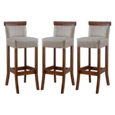 Kit 3 Banquetas Alta em Madeira Diamantina Estofada Linho Bege M58 RMI