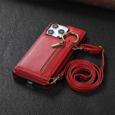 Alça de ombro com zíper carteira de couro capa porta cartão para iPhone 11 12 13 14 15 Pro Max Plus cordão telefone bolsa capa anel, vermelho, para iPhone 14 Pro