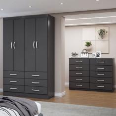 Guarda-Roupa Solteiro Leo 4 Portas 6 Gavetas com Cômoda 10 Gavetas Preto - Panorama Móveis