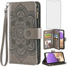 Asuwish Compatível com Samsung Galaxy A32 5G 2021 6,5 polegadas capa carteira de vidro temperado protetor de tela flip porta-cartão capa para celular Gaxaly M32 G5 Galaxies A 32 32A S32 SM-A326U A326U