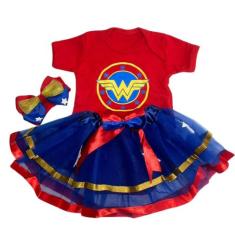 Body Fantasia Bebe Mulher Heroina Maravilha Laço Saia Faixa - KIDSBEHA