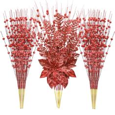 Pacote com 24 enfeites artificiais de caule de frutas silvestres de 43 cm, decorações de palitos de Natal falsos com flores de poinsétia, palitos de contas para decoração de vaso pequeno de casamento