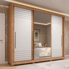 Guarda-roupa Casal 270cm 3 Portas de Correr com Espelho e Pés 100% Mdf