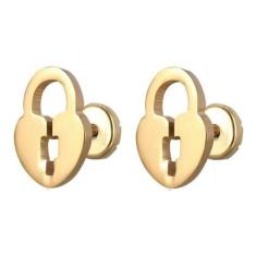 Brinco Infantil Ouro Aço Cirúrgico Cadeado Coração - Dourado - De Cast