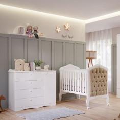 Quarto de Bebê 2 Peças com Berço Capitonê Cômoda 4 Gavetas Aquarella E