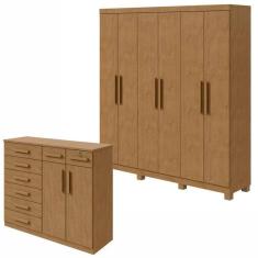 Conjunto de Guarda-Roupa 6 Portas com Pés Jazz e Cômoda Toronto Amêndoa Clean