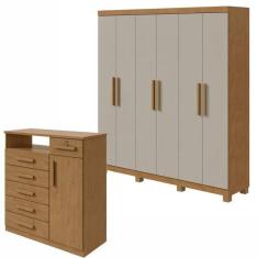 Conjunto de Guarda-Roupa 6 Portas Jazz com Pés e Cômoda Da Vinci Amêndoa Clean/Off White