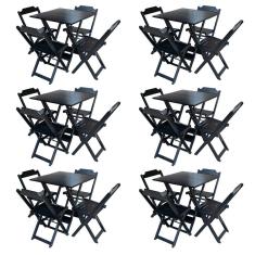 Kit 6 Conjuntos de Mesa com 4 Cadeiras de Madeira Dobravel 70x70 Preto