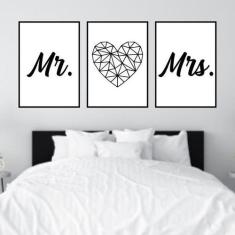Kit 3 Quadros Decorativos Mr and Mrs Coração Geométrico 45x34cm - Quad