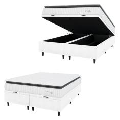 Cama Box Colchão Baú Casal King Molas Ensacadas City Pillow Top 193x203x64cm Linho Branco/Cinza