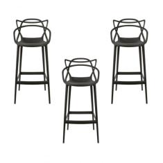 Conjunto 3 Banqueta Allegra Alta Master Empilhavel Preta Cozinha Americana Balcão Polipropileno