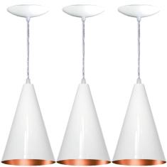 Kit 03 Lustres Pendentes Cone Balcão Alumínio Branco E Cobre